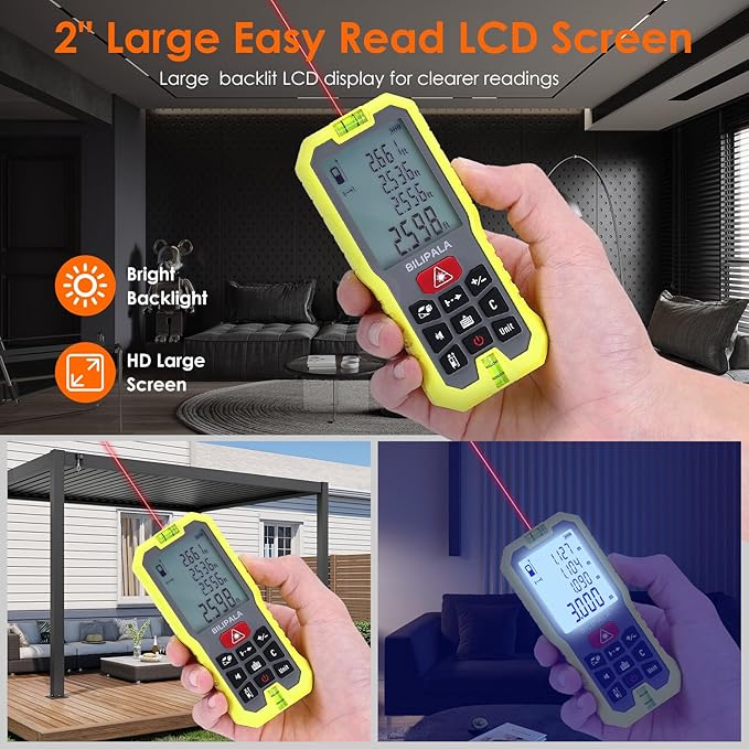 Laser Measure, 100M/328ft Digital Laser Tape Measure with Backlit LCD, ±2mm Accuracy, Portable Laser Rangefinder M/in/Ft Unit Switching, Measuring Distance,Area,Volume and Pythagoras(Red)
