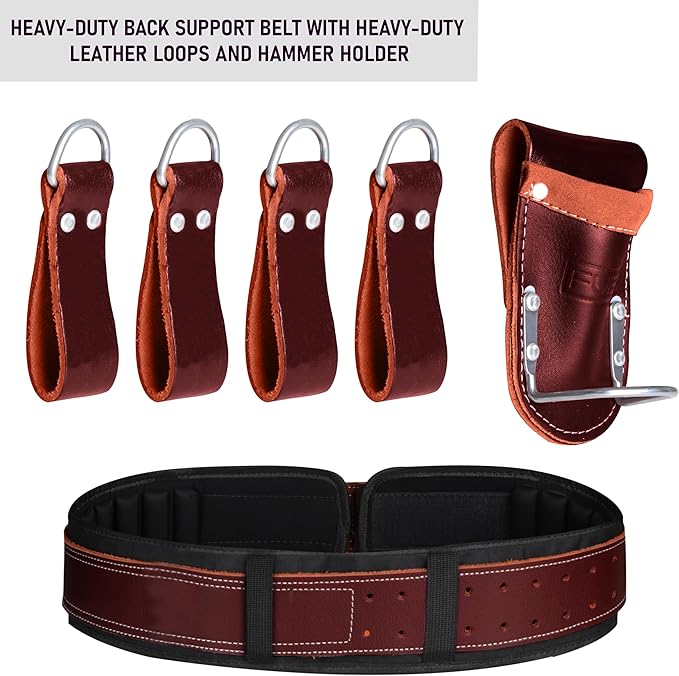 FUERI Nylon Leather Tool Belt Suspender Men Heavy Duty 26 Pocket Tools Bags Pouches Holder Organizer for Carpenter Construction Electrician Framer (Green & Maroon Tool Belt Set, Extra Large 42" - 48")