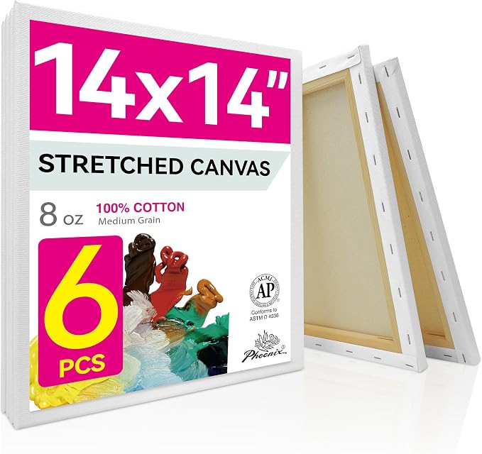 PHOENIX Stretched Canvas for Painting 14x14 Inch/6 Value Pack, 8 Oz Triple by PHOENIX