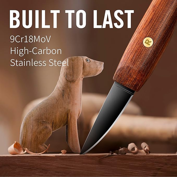 RAVS Whittling Knife with Leather Sheath, High Carbon Steel Blade Wood Carving Knife with Titanium Coating, Sloyd Knife with Ergonomic Rosewood Handle, Wood Carving Tools for Beginners to Experts
