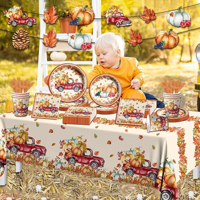 142Pcs Fall Party Plates and Napkins Party Supplies, Autumn Pumpkin Leaves - Image 6