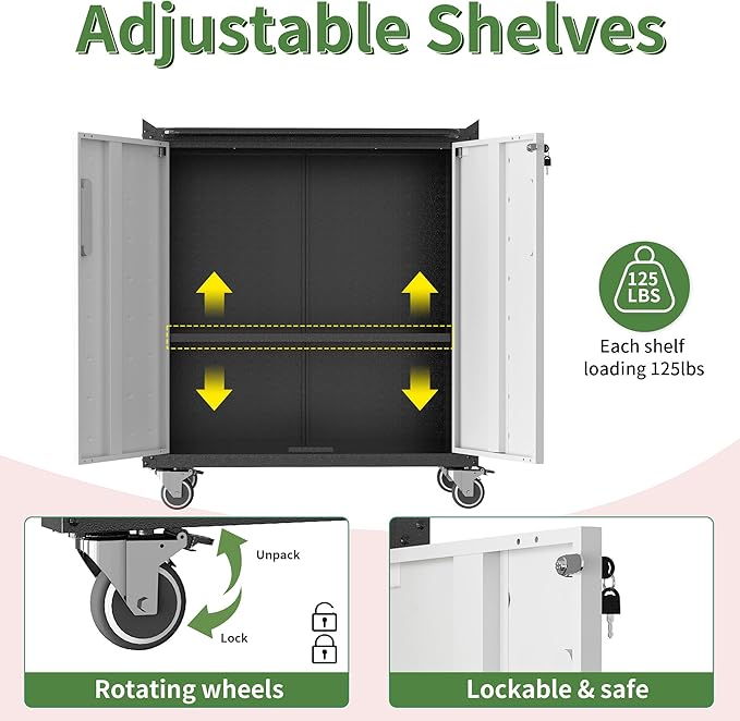 Garage Tool Storage Cabinet,Mobile Heavy Duty Metal Tool Chests & Cabinets with Lockable Doors,Black Rolling Tool Cabinets with Wheels,Assembly Required