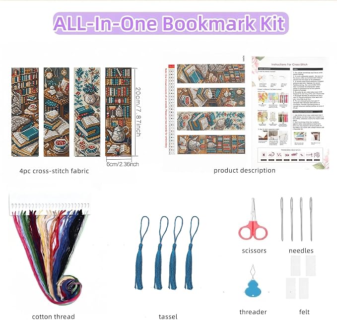 4PC Blue Bookshelf Counted Cross Stitch Bookmark Kit - Image 2