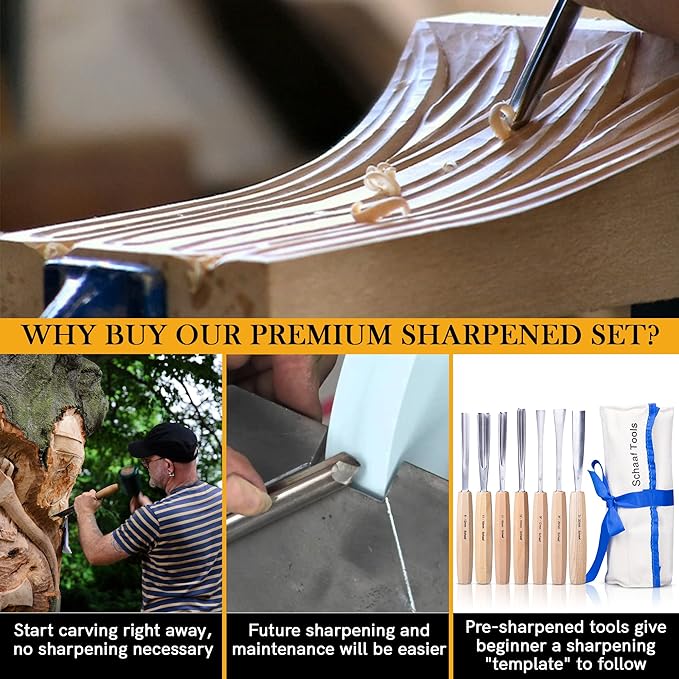 Hand-Sharpened Wood Carving Tools Set of 7 Chisels and Gouges with Canvas Case, Razor Sharp CR-V 60 Steel Woodworking Tools, High-Quality Wood Carving Chisel Set for Beginners from Schaaf Tools
