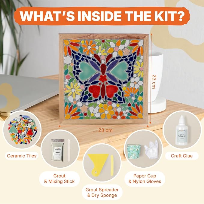 E2CTiles Butterfly & Flowers Mosaic Art Kit, DIY Ceramic Tile Craft Set | - Image 2