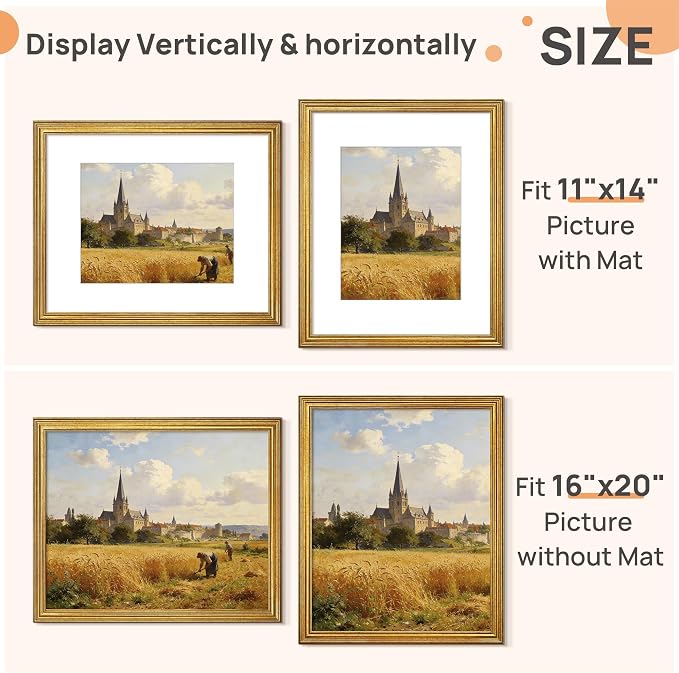 upsimples Vintage 16x20 Frames, Antique Gold Frames Display 11x14 - Image 2