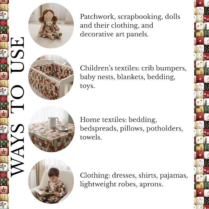 Patchwork Cotton Fabric Panel 61 x 36.6 Inches, Christmas Botanical Squares - Image 9