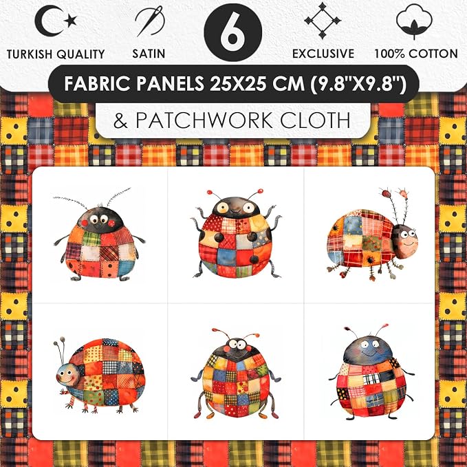 Patchwork Ladybug Cotton Fabric Panel – 6 Designs + Bonus Sheet 29.5×19.6 inch - Image 3