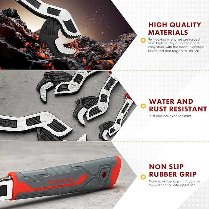 Self Adjusting Pipe Wrench Set - Multifunctional Locking 6 8 10 12 Inch Chromium Vanadium Steel Rapid Wrench for Car, Plumbing Repairs