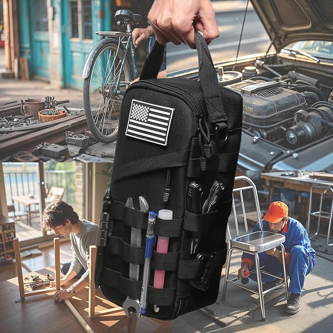 Heavy Duty Small Tool Bag with D-Ring Clip,Flag Patch&Shoulder Strap - Small Tactical Molle Zipper Tool Bag,EDC Storage Tool Bags for Men,Multipurpose Utility Work Organizer Bag