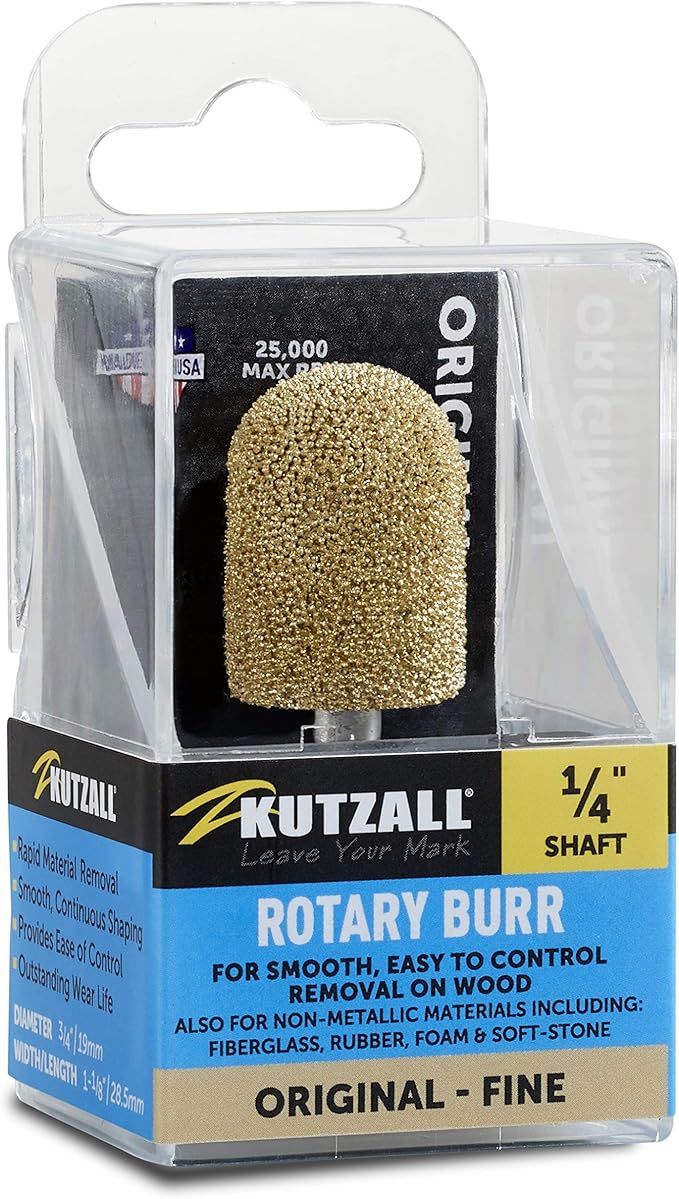 Kutzall Original Ball Nose Rotary Burr, 1⁄4" Shaft, Fine - Wood Carving Bit for Bosch, DeWalt, Milwaukee. Abrasive Tungsten Carbide, 3⁄4" (19mm) Dia. X 1-1⁄8" (28.5mm) Length, BN-34G