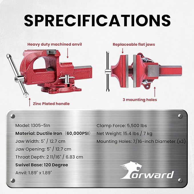 Forward 1305 5 Inch Home Vise Ductile Iron 5" Bench Vise Homeowner's Vice with Anvil and Swivel Base
