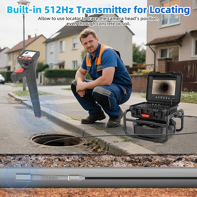 Sanyipace Sewer Camera 165FT/50M with 512Hz Transmitter, Self-Leveling, Distance Counter, Plumbing Inspection Cámara with Microphone Speaker Audio Video Record, 32GB TF Card, Pipe Pulley (7mm Cable)