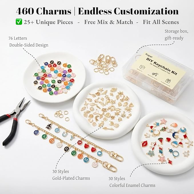 Kupor 460Pcs DIY Keychain Making kit, 7 Themes DIY Bag Charm kit, 78 Letter Sets - Image 3