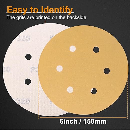 100 PCS 6 Inch Sanding Discs 320 Grit, 6 Hole Hook and Loop Round Sandpaper for Random Orbital Sander