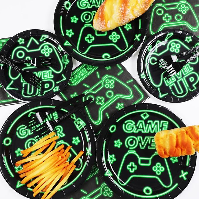 96pcs Video Game Party Supplies Tableware Set Neon Game On Paper Plates and - Image 5