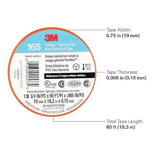 3M Temflex Multi-Purpose Vinyl Electrical Tape 165, Orange, 3/4 in x 60 ft (19 mm x 18 m), 10 Roll Pack