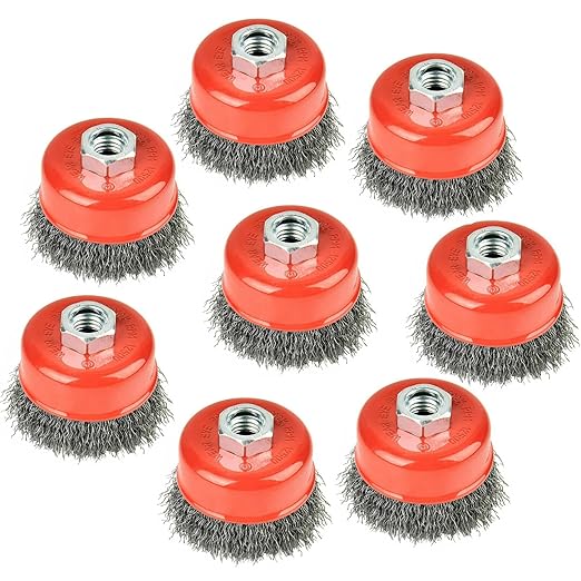 8PCS 3 Inch Carbon Steel Crimped Wire Wheel Cup Brush Set for Grinders, Coarse Crimped with 5/8-Inch-11 Threaded Arbor, Max RPM 12,500, Light-Duty Conditioning for Metal, Rust Removal, Abrasives