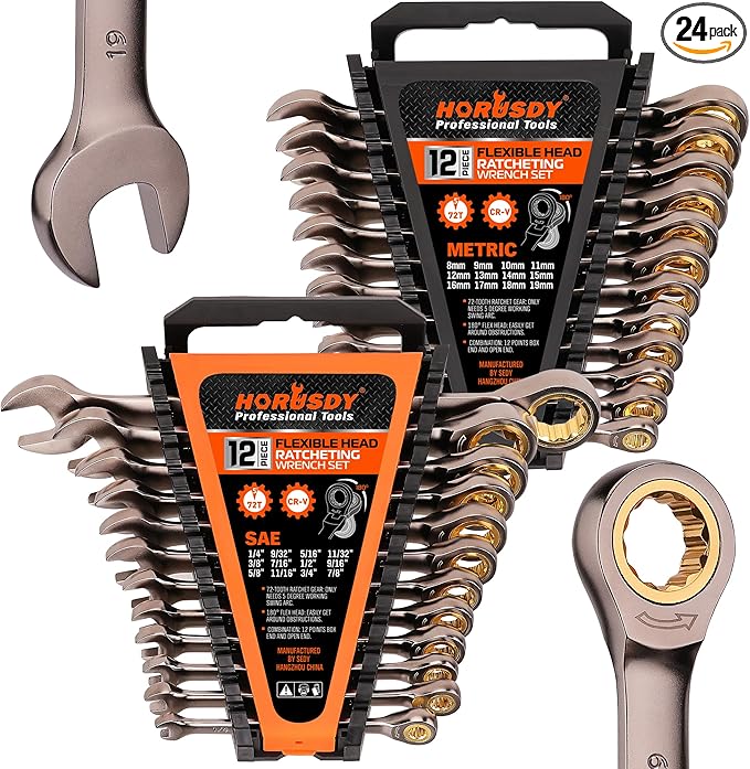 HORUSDY 24-Piece Ratcheting Wrench Set | Metric and SAE | Ratchet Combination Wrenches Set with Organizer | 72-Teeth | Chrome Vanadium Steel | 8-19 mm & 1/4” to 7/8“