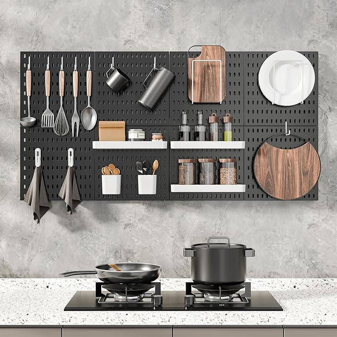 Pegboard Combination Kit, Wall Mounted Storage Set with 8 Pegboards & 32 Accessories Hanging, Black Peg Boards Organizer for Walls Display, Crafts Organization, Kitchen Organizer, 22" x 44"