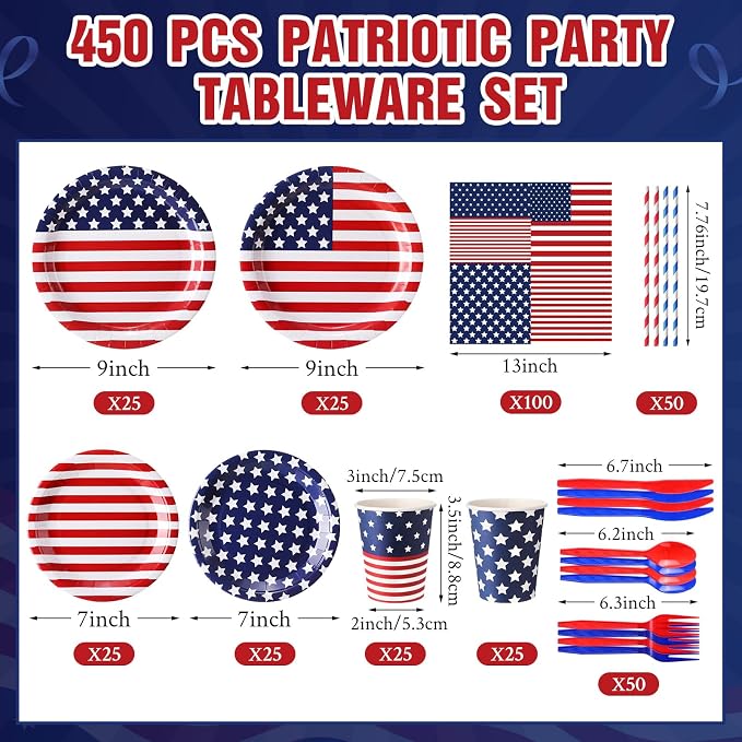 450 Pcs 4th of July Patriotic Tableware Set Decorations USA Red White Blue - Image 2