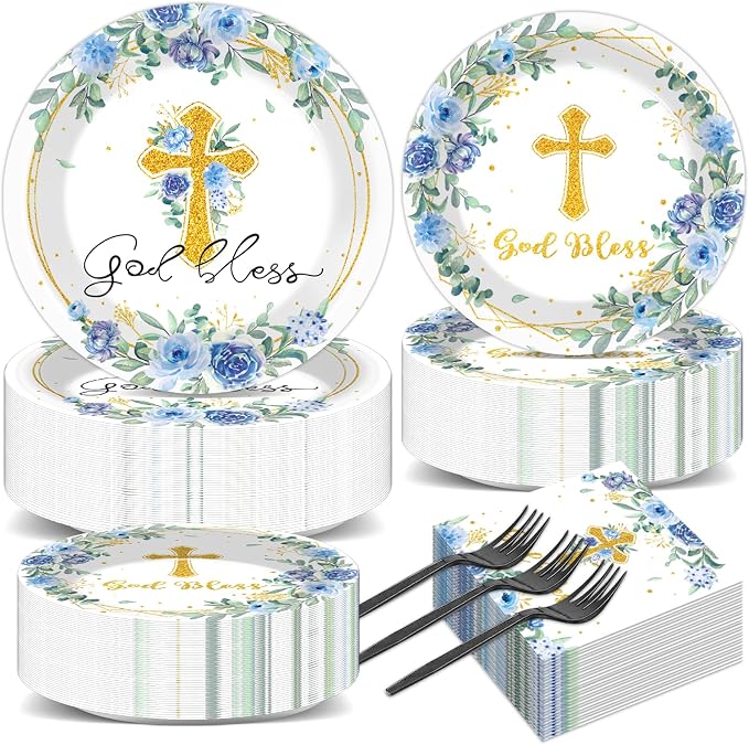 200pcs God Bless Plates Napkins Baptism Paper Tableware Set First Holy by Naozinebi