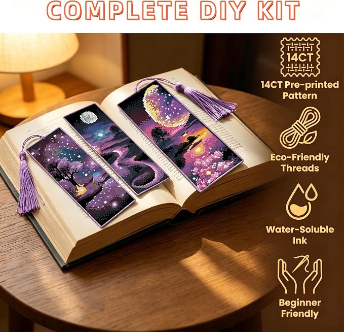 Paintcolor 4PC Starry Night Counted Cross Stitch Bookmark Kit - Image 3