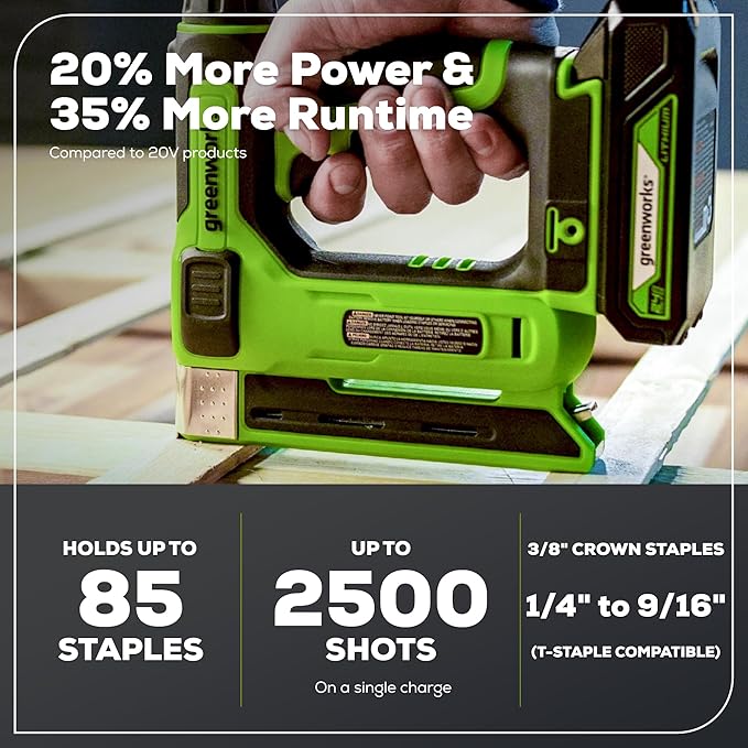 Greenworks 24V 3/8" 18 GA Crown Stapler, Cordless Narrow Nail Stapler, Tool only
