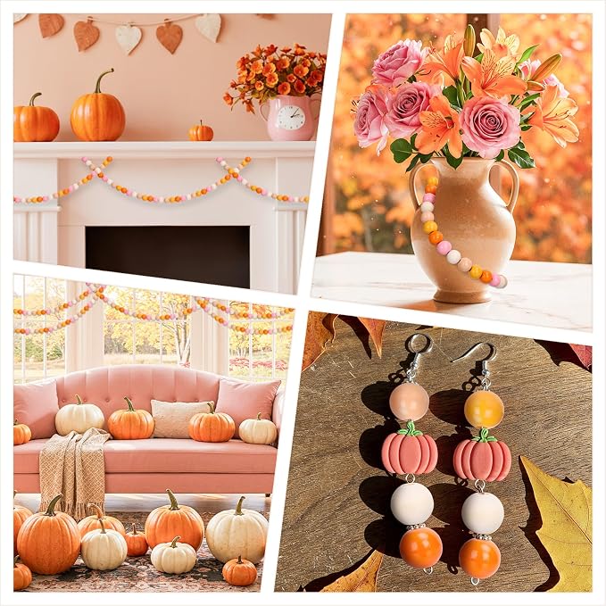 Whaline 240 Pcs Fall Wooden Beads Thanksgiving Harvest Natural Orange Pink - Image 7