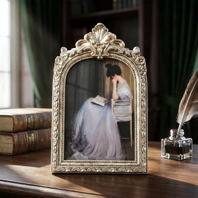 Cuspin 4x6 Vintage Silver Picture Frame, Ornate Arched Resin Photo Frame - Image 7