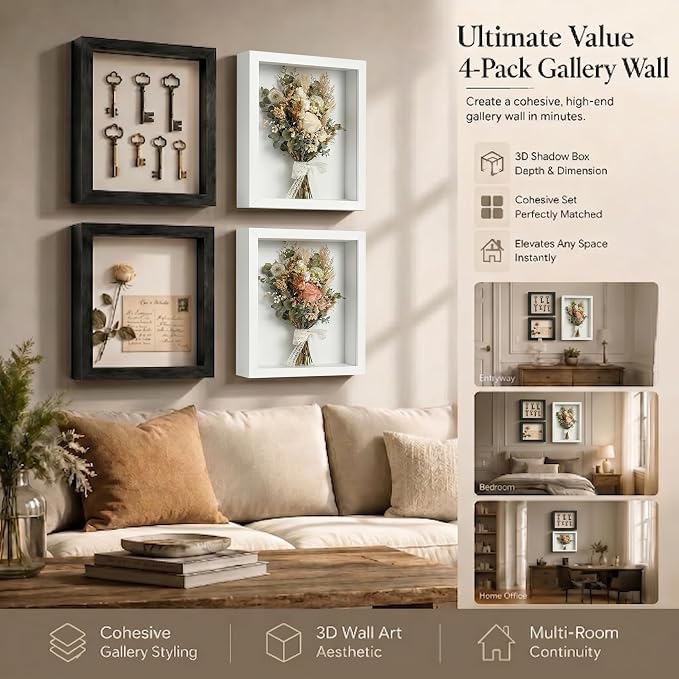 4 Pack 8x10Shadow Box Frame Set, Deep Wood Display Case - Image 6