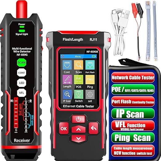 NF-859GK Network Cable Tester with lP Tester,VFL 10mwVisual Fault Locator,PING/POE/RJ45 RJ11 TDR CAT5CAT6 Cable Toner Ethernet Tester for Phone LinesCAT3,Wire Tracer LAN Network Tool