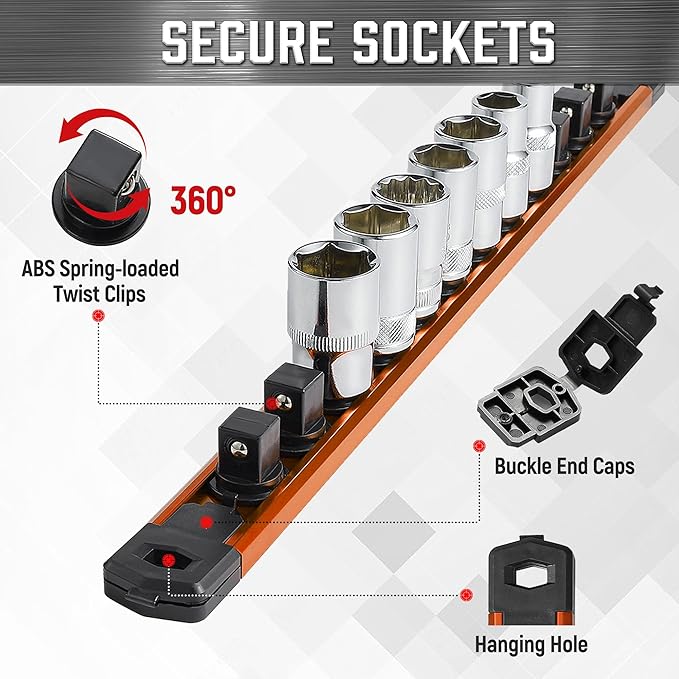 ALOANES 3/8-Inch Drive Magnetic Socket Organizer, Heavy Duty Aluminum Socket Rail Organizer, 360° Swivel Clips Socket Holder Kit for Tool Box, 3/8-Inch Socket Holder x 14 Clips (Orange)