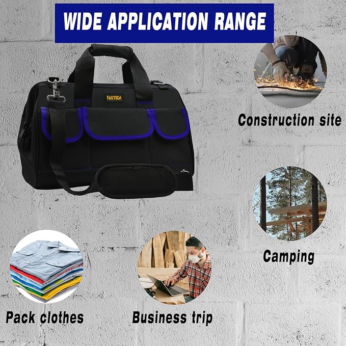 22 Inch Tools Bag, Waterproof Wide Mouth Tool Kit, Tools Big Bag, Heavy Duty Tool Tote Organizer With Adjustable Shoulder Strap For Men/Women (22IN Blue)
