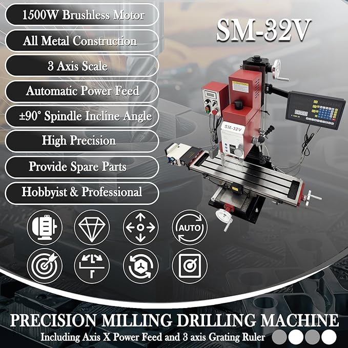 Benchtop Mini Milling Drilling Machine 1500W Brushless Mill Drill with X-Axis Power Feed,3-Axis Grating Ruler,±90° Spindle,50-2250 RPM for Metal/Wood/Plastic Working R8 Spindle 110V