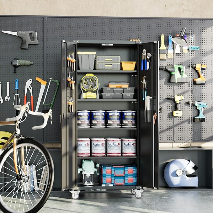 Upgraded Metal Storage Cabinet with Wheels, Lockable 72" Tall Cabinet for Garage Utility Rooms, Pegboard & 4 Hooks, Adjustable Shelves (Black)