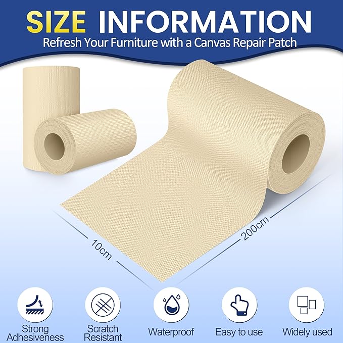 Self-Adhesive Canvas Repair Tape, 4" x 79" Waterproof Canvas Repair Patch, Fabric Patch Repairs Kit for Furniture, Tents, Sunbrellas, Boat Covers Awnings, Couches, Clothes, Bags Beige-Yellow
