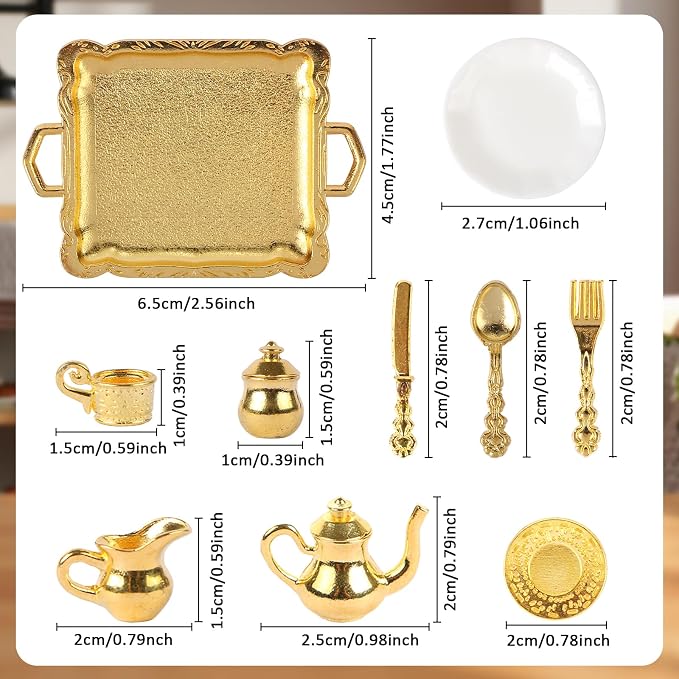 24 Pieces Mini Tea Set Golden Metal Dollhouse Miniatures Tiny Tea Set Mini Doll - Image 2