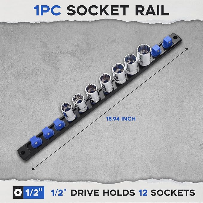 1/2-Inch Drive Magnetic Socket Organizer, Heavy Duty Aluminum Socket Rail Organizer, 360° Swivel Clips Socket Holder Kit for Tool Box, 1/2-Inch Socket Holder x 12 Clips (Blue)
