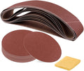 Glarks 23Pcs Sanding Belts and Sanding Discs Set Including 10Pcs 4 x 36 Inch 80/120/150/240/400 Grits Sanding Belts and 12Pcs 80/100/120/180/ 240/400 Grits Self Adhesive No-Hole Sticky Sanding Discs