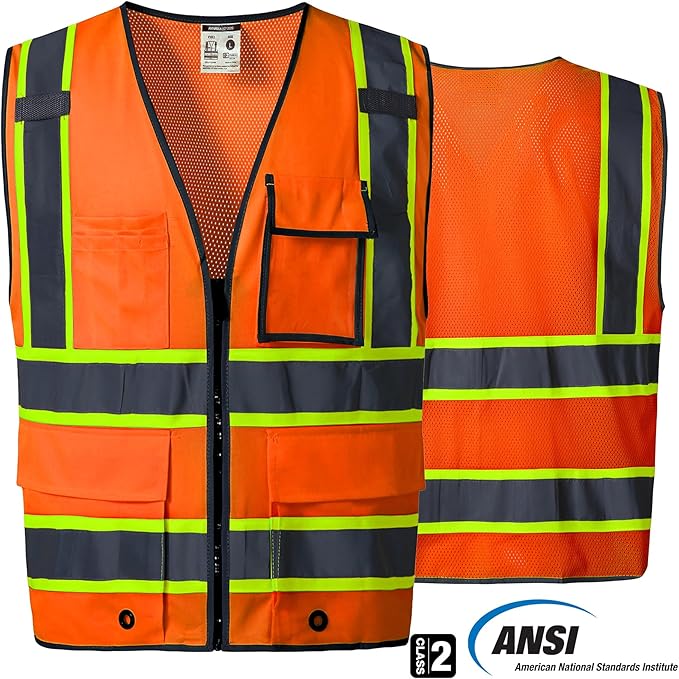SKSAFETY 10 Pockets Safety Vest, Class 2 High Visibility Security with Zipper Back Mesh, Hi Vis Vest with Reflective Strips, ANSI/ISEA Standard, Construction Work Vest for Men ＆ Women （Orange, L）