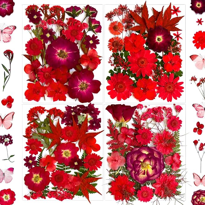 132Pcs Red Pressed Dried Flowers and Butterfly by LUCISKY