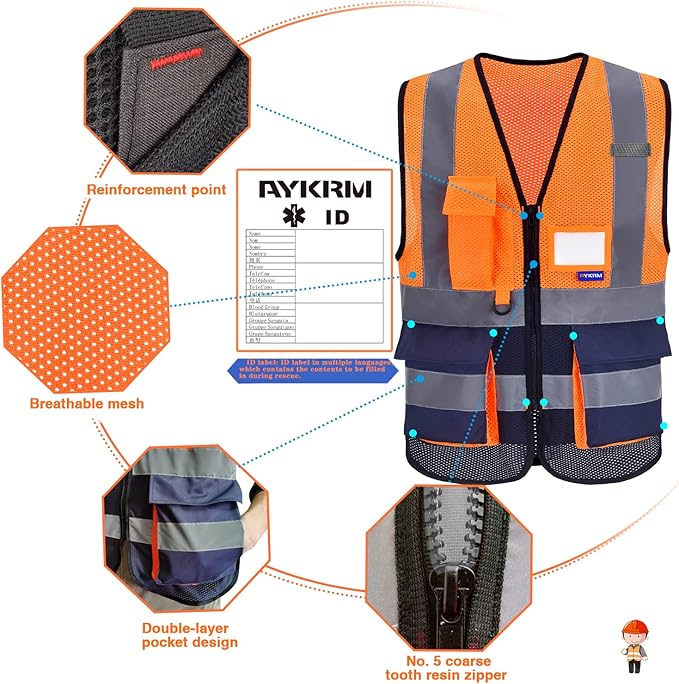 A-SAFETY High Visibility Mesh Safety Reflective Vest with Pockets and Zipper,Hi Vis Viz Reflective Safety Vest(Orange&Navy Mesh XL)