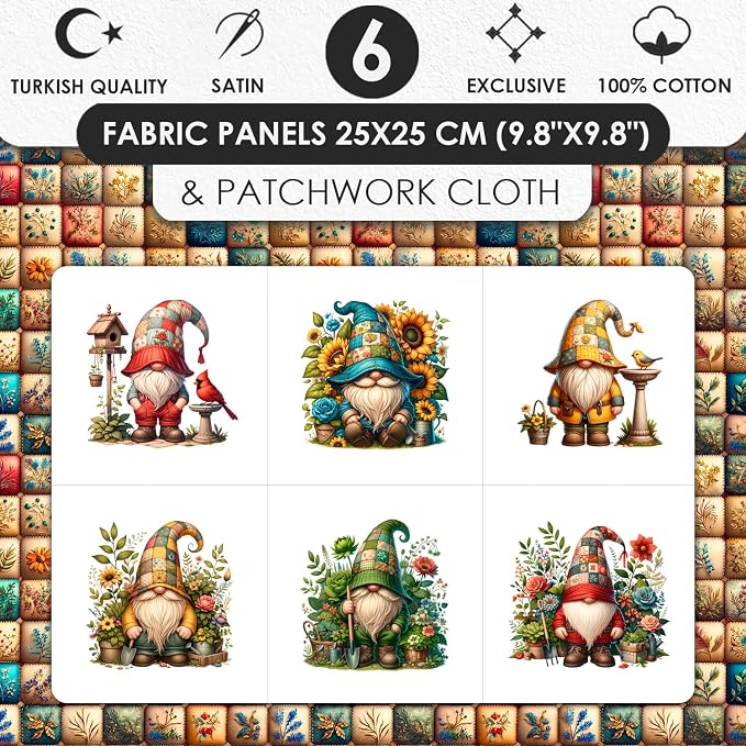 Gnome Patchwork Cotton Fabric Panel – 6 Designs 10×10 inch + Bonus Patchwork - Image 2