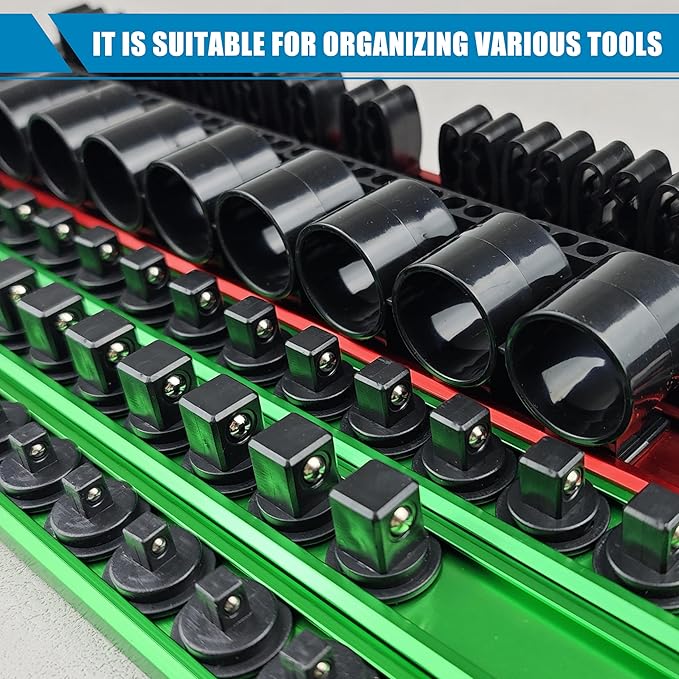 6-Piece Magnetic Socket Organizer Set, Holds Screwdrivers, Wrenches & Sockets, Rail System with Removable End Caps, for 1/4, 3/8, 1/2 Inch Drive Sockets, Tool Organization (Green & Red)