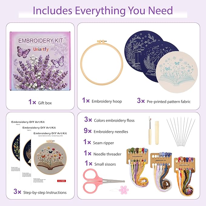 Uniartfy 3 Pack Embroidery Starter Kit, Stamped Book Flower Mountain Butterfly - Image 2