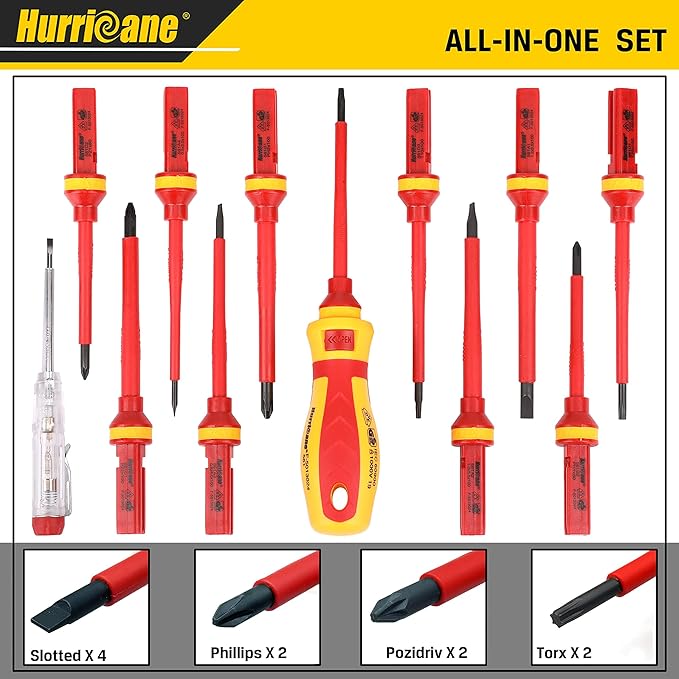 HURRICANE 1000V Insulated Electrician Screwdriver Set, All-in-One Premium Professional 13-Pieces CR-V Magnetic Phillips Slotted Pozidriv Torx Screwdriver