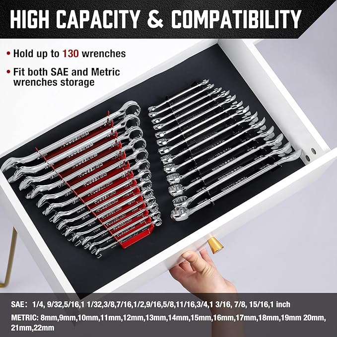 ALOANES 130-Slot Metal Wrench Organizer, Heavy Duty Wrench Organizer Tray for Tool Box, Fit SAE & Metric Wrench Storage, 10 Pack Wrench Holders(5 Colors)
