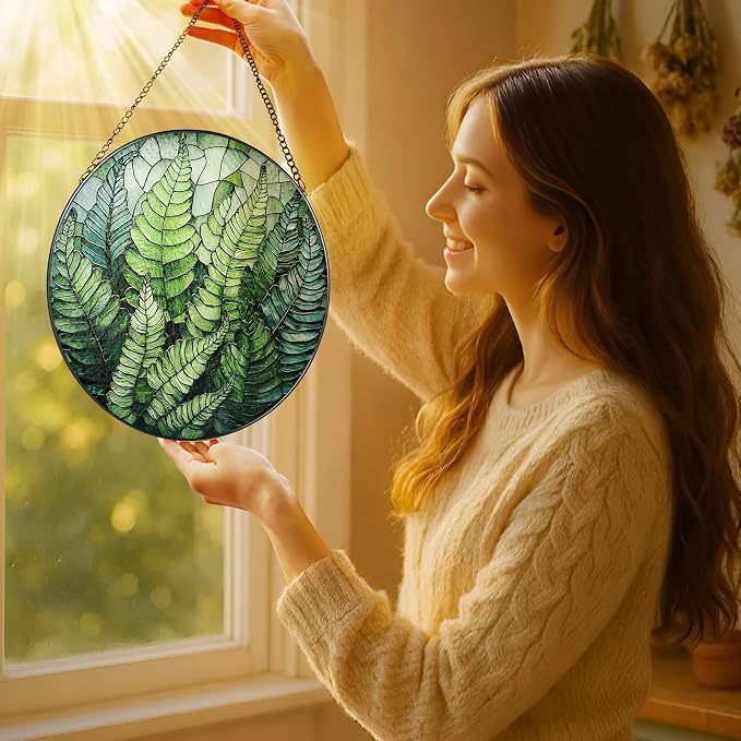 8'' Fern Plant Sun Catcher Ornament, Stained Glass Window Hanging, Sun Catchers - Image 2
