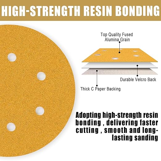 6 Inch - 6 Hole Hook and Loop Sanding Discs 120 Grit, Random Orbital Sandpaper for Automotive and Woodworking - 100 Pack